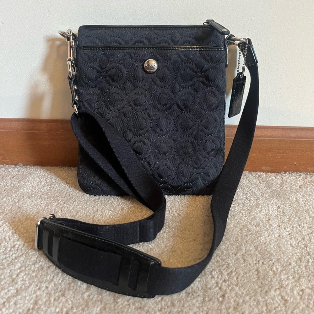Coach Black Signature Pattern & Embroidered Crossbody Bag, Patent Leather Trim